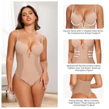 JOYSHAPER Women's V Neck Shapewear Bodysuit Plunge Shapewear with Tummy Control Body Shaper Backless Body Suit Tanks Nude M