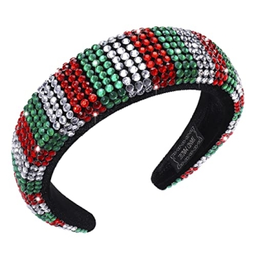 HSWE Christmas Rhinestone Padded Headband Xmas Headbands for Women Girls Red Green Sliver Crystal Velvet Wide Bejeweled Hairband