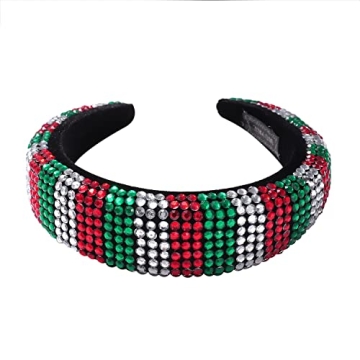 HSWE Christmas Rhinestone Padded Headband Xmas Headbands for Women Girls Red Green Sliver Crystal Velvet Wide Bejeweled Hairband