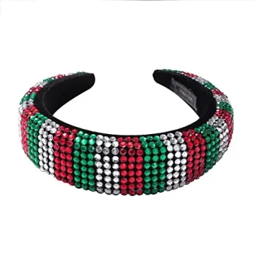 HSWE Christmas Rhinestone Padded Headband Xmas Headbands for Women Girls Red Green Sliver Crystal Velvet Wide Bejeweled Hairband