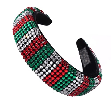 HSWE Christmas Rhinestone Padded Headband Xmas Headbands for Women Girls Red Green Sliver Crystal Velvet Wide Bejeweled Hairband