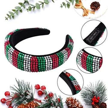 HSWE Christmas Rhinestone Padded Headband Xmas Headbands for Women Girls Red Green Sliver Crystal Velvet Wide Bejeweled Hairband