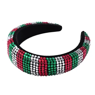 HSWE Christmas Rhinestone Padded Headband Xmas Headbands for Women Girls Red Green Sliver Crystal Velvet Wide Bejeweled Hairband