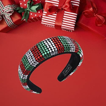 HSWE Christmas Rhinestone Padded Headband Xmas Headbands for Women Girls Red Green Sliver Crystal Velvet Wide Bejeweled Hairband