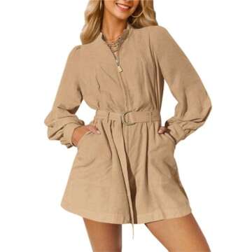 Cicy Bell Women's Long Sleeve Utility Rompers Zip Up Adjustable Belted Short Jumpsuits with Pockets