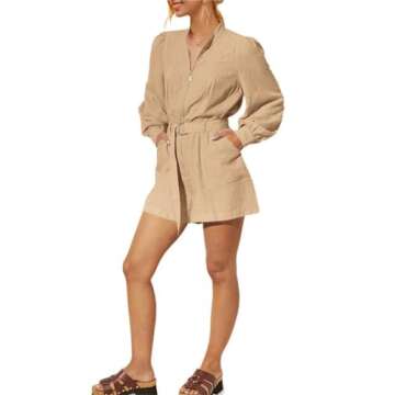 Cicy Bell Women's Long Sleeve Utility Rompers Zip Up Adjustable Belted Short Jumpsuits with Pockets