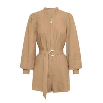 Cicy Bell Women's Long Sleeve Utility Rompers Zip Up Adjustable Belted Short Jumpsuits with Pockets