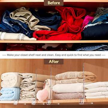 Sclvdi Acrylic Shelf Dividers,6 Pcs Closets Shelf Organizer for Clothing Handbags Books in Pantry, Bedroom and Kitchen, Adjustable Clear Closet Separator Wood Shelves Organize