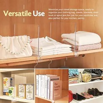 Sclvdi Acrylic Shelf Dividers,6 Pcs Closets Shelf Organizer for Clothing Handbags Books in Pantry, Bedroom and Kitchen, Adjustable Clear Closet Separator Wood Shelves Organize