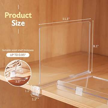 Sclvdi Acrylic Shelf Dividers,6 Pcs Closets Shelf Organizer for Clothing Handbags Books in Pantry, Bedroom and Kitchen, Adjustable Clear Closet Separator Wood Shelves Organize