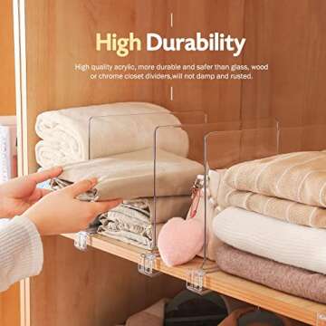 Sclvdi Acrylic Shelf Dividers,6 Pcs Closets Shelf Organizer for Clothing Handbags Books in Pantry, Bedroom and Kitchen, Adjustable Clear Closet Separator Wood Shelves Organize