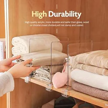 Sclvdi Acrylic Shelf Dividers,6 Pcs Closets Shelf Organizer for Clothing Handbags Books in Pantry, Bedroom and Kitchen, Adjustable Clear Closet Separator Wood Shelves Organize