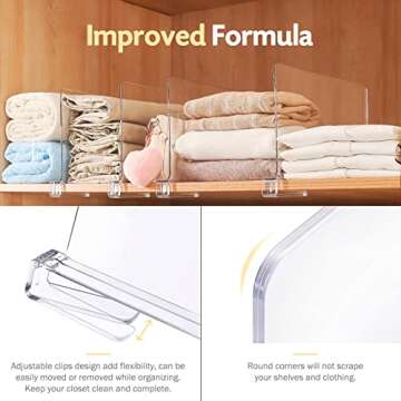 Sclvdi Acrylic Shelf Dividers,6 Pcs Closets Shelf Organizer for Clothing Handbags Books in Pantry, Bedroom and Kitchen, Adjustable Clear Closet Separator Wood Shelves Organize