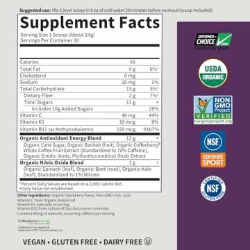Garden of Life Sport Organic Plant Based Energy + Focus Clean Pre Workout Powder, with 85mg Caffeine, Natural No Booster, B12, Vegan, Gluten Free, Non-GMO, Blackberry, 15.3 Oz