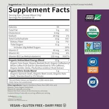 Garden of Life Sport Organic Plant Based Energy + Focus Clean Pre Workout Powder, with 85mg Caffeine, Natural No Booster, B12, Vegan, Gluten Free, Non-GMO, Blackberry, 15.3 Oz