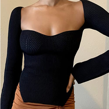 Women's Square Neck Knitted Cropped Sweater in Black