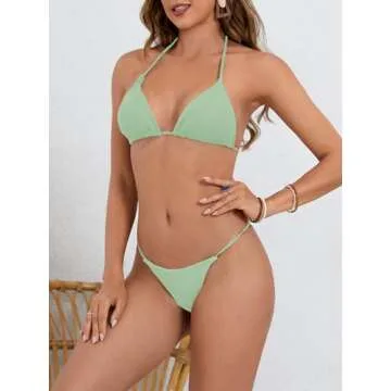 MakeMeChic Women's Solid Halter Triangle High Cut Bikini Set Swimsuit Bathing Suit Mint Green Solid X-Small