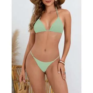 MakeMeChic Women's Solid Halter Triangle High Cut Bikini Set Swimsuit Bathing Suit Mint Green Solid X-Small