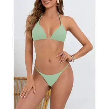MakeMeChic Women's Solid Halter Triangle High Cut Bikini Set Swimsuit Bathing Suit Mint Green Solid X-Small
