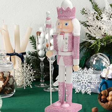 BrichLife 11.8" Tall Wooden Nutcracker Soldier Figure Decoration Traditional Wooden Nutcracker Soldier Christmas Decoration Ornament Holiday Party Outdoor (Pink Scepter King)