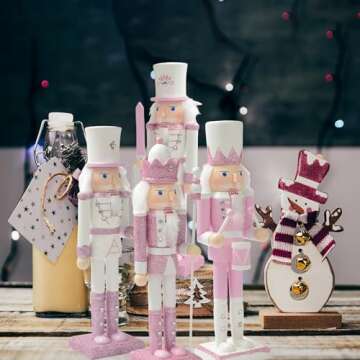 BrichLife 11.8" Tall Wooden Nutcracker Soldier Figure Decoration Traditional Wooden Nutcracker Soldier Christmas Decoration Ornament Holiday Party Outdoor (Pink Scepter King)