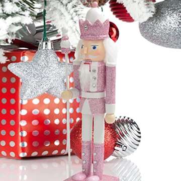 BrichLife 11.8" Tall Wooden Nutcracker Soldier Figure Decoration Traditional Wooden Nutcracker Soldier Christmas Decoration Ornament Holiday Party Outdoor (Pink Scepter King)