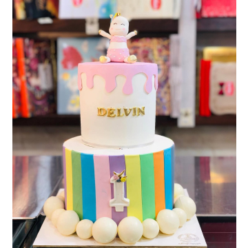 کیک تولد اسب تک‌شاخ پاستلی کودک شاخ طلایی و یونیکورن