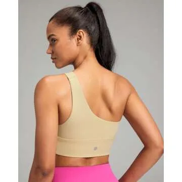 QUEENIEKE Womens One Shoulder Sports Bra Workout Strap Yoga Bras Cute Medium Support Tops Tank Gym Sexy Athletic Top Beige Small