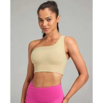 QUEENIEKE Womens One Shoulder Sports Bra Workout Strap Yoga Bras Cute Medium Support Tops Tank Gym Sexy Athletic Top Beige Small
