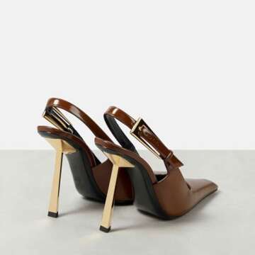 THESHY Women's Slingback Stiletto High Heels Square Toe Metal Buckle Pumps Backless Patent Leather Fashion Dress Shoes for Women Brown