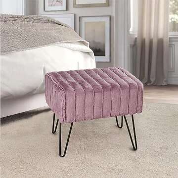 Home Soft Things Super Mink Faux Fur Purple Ottoman Bench 19" x 13" x 17" H, Black Plum, Living Room Foot Rest Stool Entryway Makeup Bench End of Bed Bedroom Home Decor Chair
