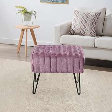 Home Soft Things Super Mink Faux Fur Purple Ottoman Bench 19" x 13" x 17" H, Black Plum, Living Room Foot Rest Stool Entryway Makeup Bench End of Bed Bedroom Home Decor Chair