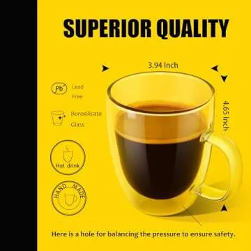 PunPun 17oz.500ml Large Glass Coffee Mug Set of 2, Clear Mugs Double Walled Coffee Mugs, Iced Coffee Cup, Glass Mugs for Hot Beverages,Premium Glasses