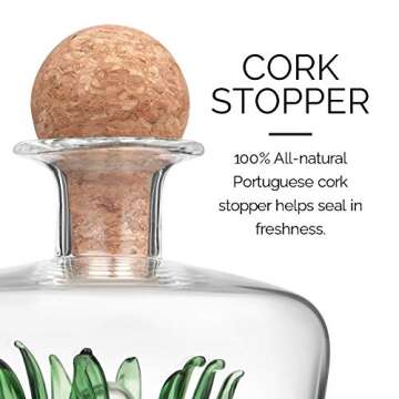 Final Touch Agave Tequila Decanter - 850ml Handmade Bottle with Natural Cork Stopper and Wide Spout for Smooth Pouring - Inspired by Agave Plant for Tequila Serving (TQ5301)