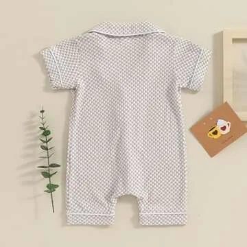 Baby Boy Girl Clothes Newborn Bubble Romper Short Sleeve Bodysuit Button Down One Piece Romper Jumpsuit Summer Outfit (Khaki-Jumpsuit, 12-18 Months)