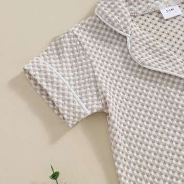 Baby Boy Girl Clothes Newborn Bubble Romper Short Sleeve Bodysuit Button Down One Piece Romper Jumpsuit Summer Outfit (Khaki-Jumpsuit, 12-18 Months)