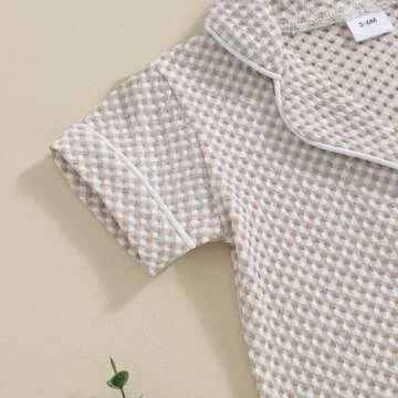 Baby Boy Girl Clothes Newborn Bubble Romper Short Sleeve Bodysuit Button Down One Piece Romper Jumpsuit Summer Outfit (Khaki-Jumpsuit, 12-18 Months)