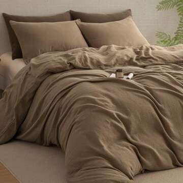 AGSIT Muslin Duvet Cover 100% Washed Cotton, Queen Size Duvet Cover Set Linen Like, Minimalist Soft Comforter Cover 3 Pieces, Lightweight Gauze Duvet Cover with 2 Pillowcases, 90”x90”, Brown