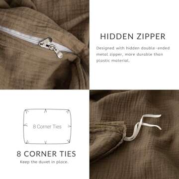 AGSIT Muslin Duvet Cover 100% Washed Cotton, Queen Size Duvet Cover Set Linen Like, Minimalist Soft Comforter Cover 3 Pieces, Lightweight Gauze Duvet Cover with 2 Pillowcases, 90”x90”, Brown