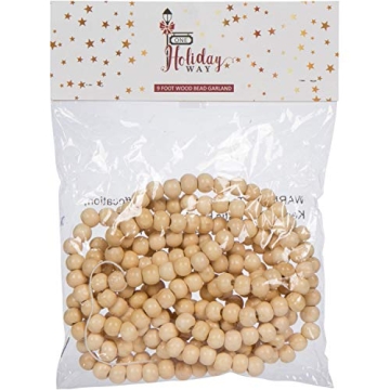 One Holiday Way 9-Foot Long Rustic Natural Beige Wood Bead Garland Christmas Tree Decoration - Decorative Vintage Style Wooden Beads - Fall Everyday Shabby Chic Wedding Country Farmhouse Home Decor