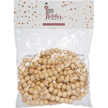 One Holiday Way 9-Foot Long Rustic Natural Beige Wood Bead Garland Christmas Tree Decoration - Decorative Vintage Style Wooden Beads - Fall Everyday Shabby Chic Wedding Country Farmhouse Home Decor