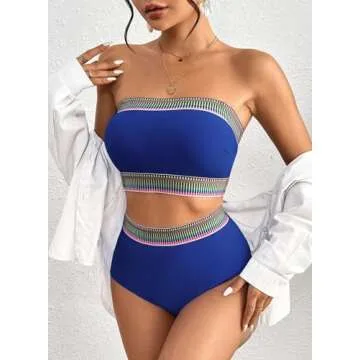 Herseas Blue Women's Bathing Suits Striped Bandeau Bikini High Waisted Swimsuits Off Shoulder Swimwear Set X-Small 0 2