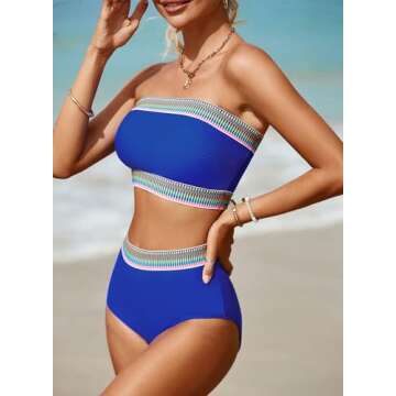 Herseas Blue Women's Bathing Suits Striped Bandeau Bikini High Waisted Swimsuits Off Shoulder Swimwear Set X-Small 0 2