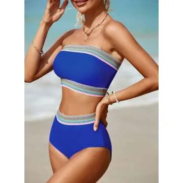 Herseas Blue Women's Bathing Suits Striped Bandeau Bikini High Waisted Swimsuits Off Shoulder Swimwear Set X-Small 0 2