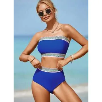 Herseas Blue Women's Bathing Suits Striped Bandeau Bikini High Waisted Swimsuits Off Shoulder Swimwear Set X-Small 0 2