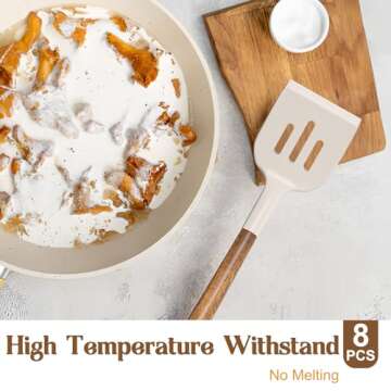 Silicone Cooking Utensil Set,Umite Chef 8-Piece Kitchen Utensils Set with Natural Acacia Wooden Handles, Silicone Heads-Silicone Kitchen Gadgets and Spatula Set for Nonstick Cookware - Khaki