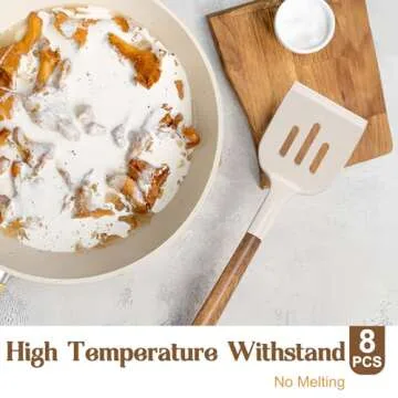 Silicone Cooking Utensil Set,Umite Chef 8-Piece Kitchen Utensils Set with Natural Acacia Wooden Handles, Silicone Heads-Silicone Kitchen Gadgets and Spatula Set for Nonstick Cookware - Khaki