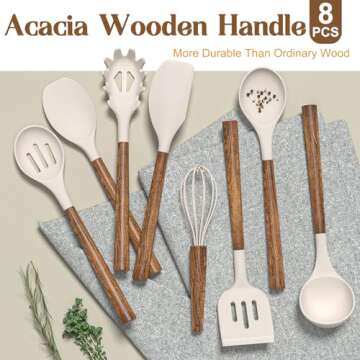 Silicone Cooking Utensil Set,Umite Chef 8-Piece Kitchen Utensils Set with Natural Acacia Wooden Handles, Silicone Heads-Silicone Kitchen Gadgets and Spatula Set for Nonstick Cookware - Khaki