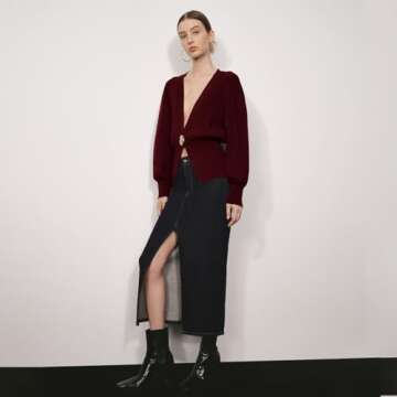 URBAN REVIVO Women Knitted Cardigans Long Sleeve V-Neck Lightweight Sweater One Leaf Button Down Outwear Wine Red,Large