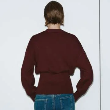 URBAN REVIVO Women Knitted V-Neck Cardigan in Wine Red